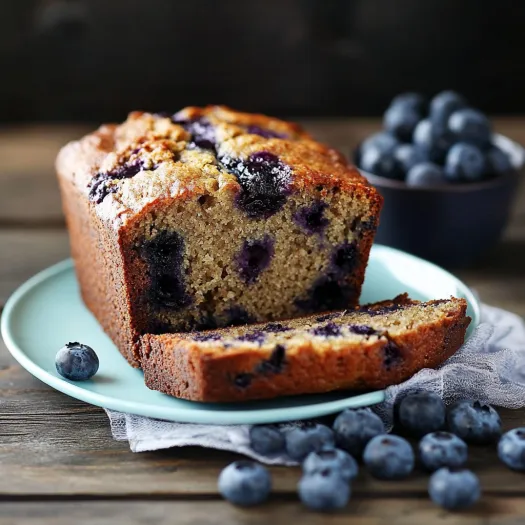 A slice of blueberry bread on a plate.