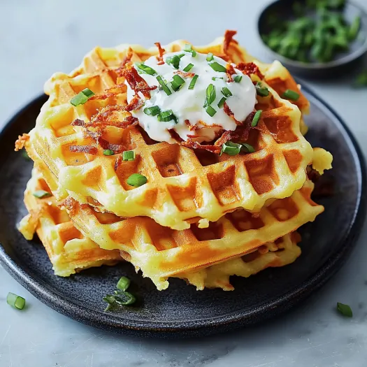 A stack of waffles with white sauce on top.