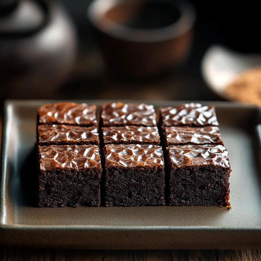 A square of chocolate cake on a plate.