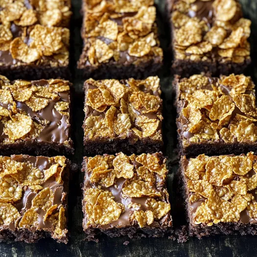 A square of chocolate cake with crispy cereal on top.