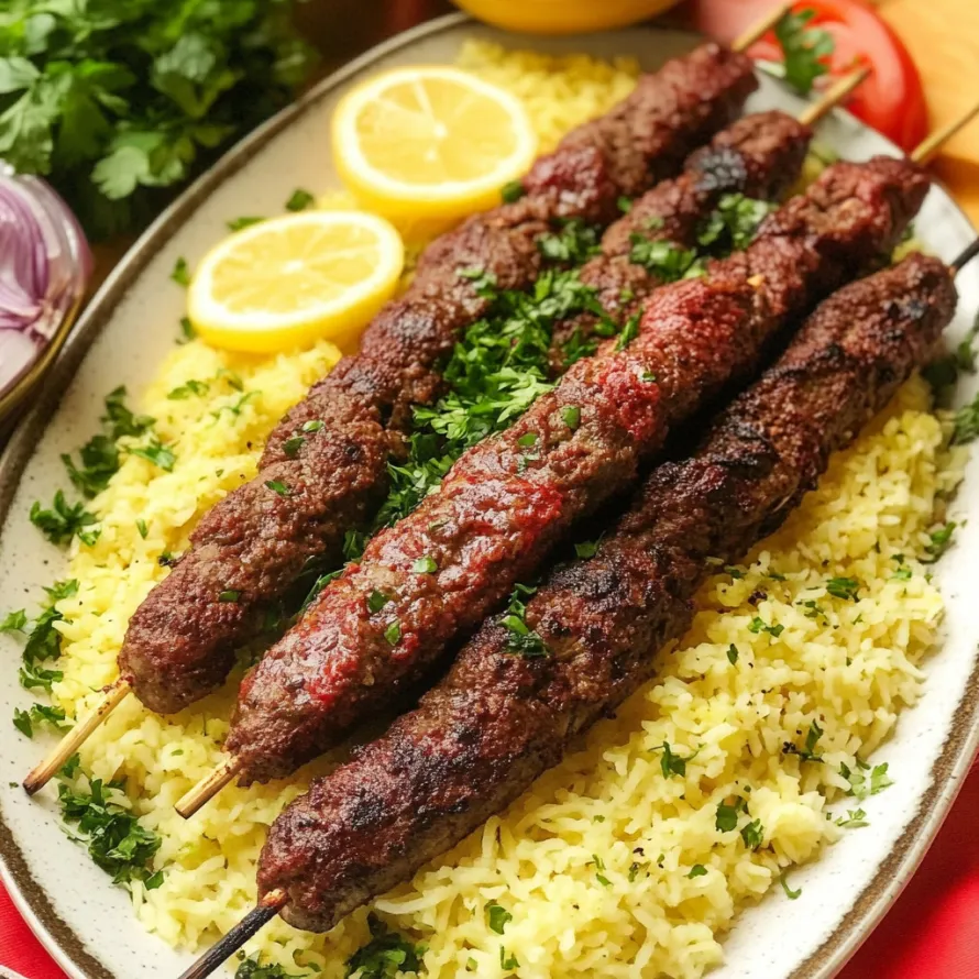 A plate of meat and rice with lemons on top.