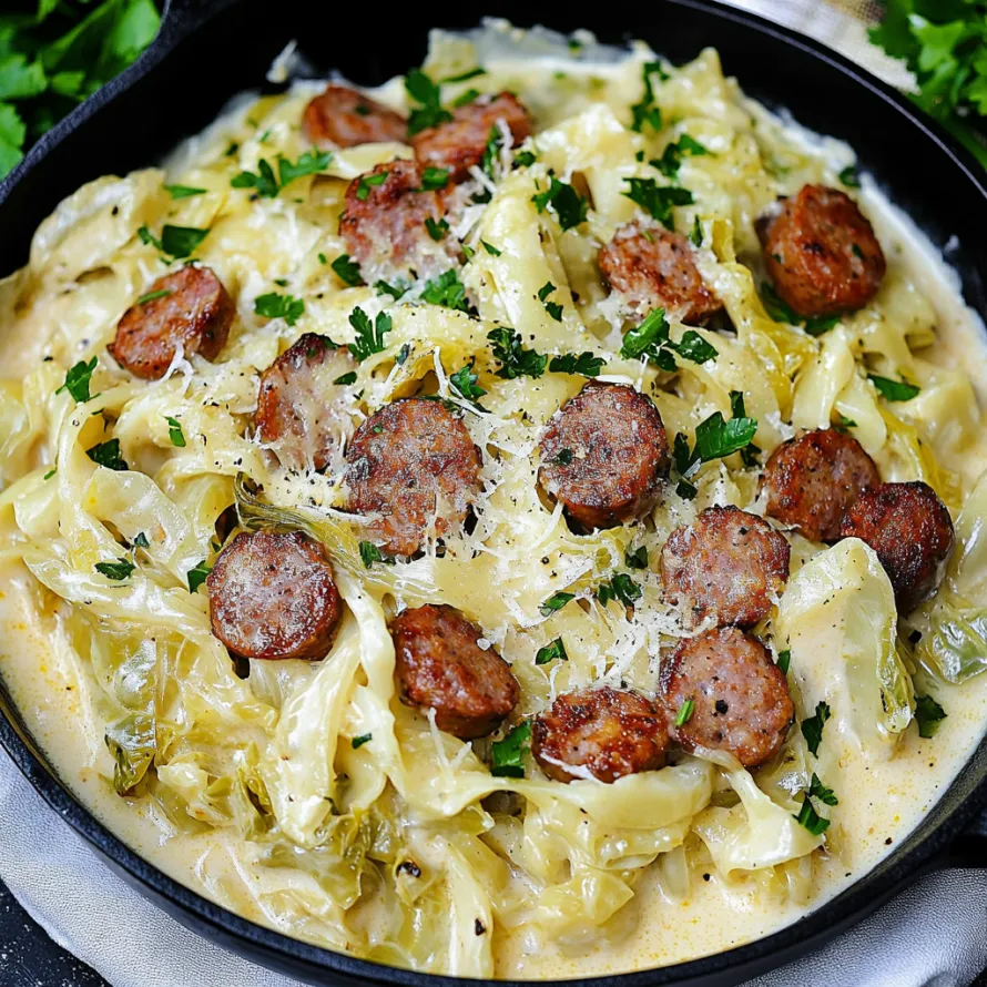 A bowl of pasta with sausage and cheese.