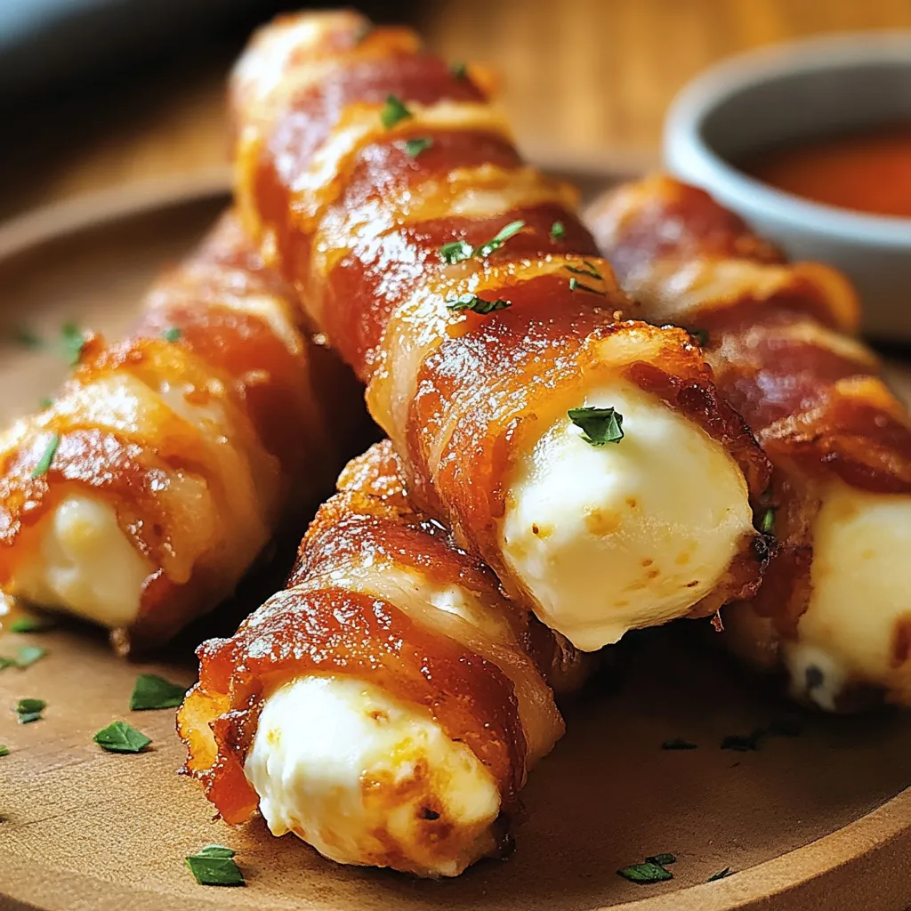 Bacon wrapped cheese sticks on a wooden platter.