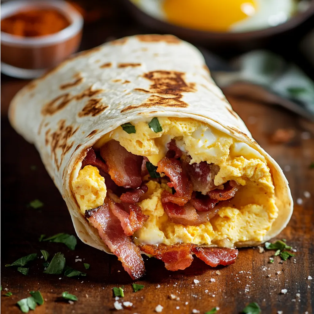 A breakfast burrito with eggs and bacon.