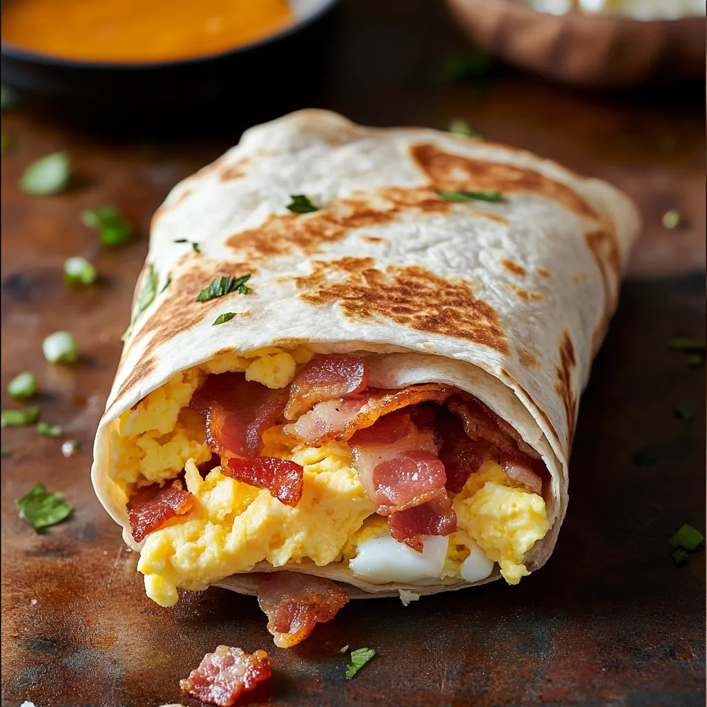 A breakfast burrito with bacon and eggs.