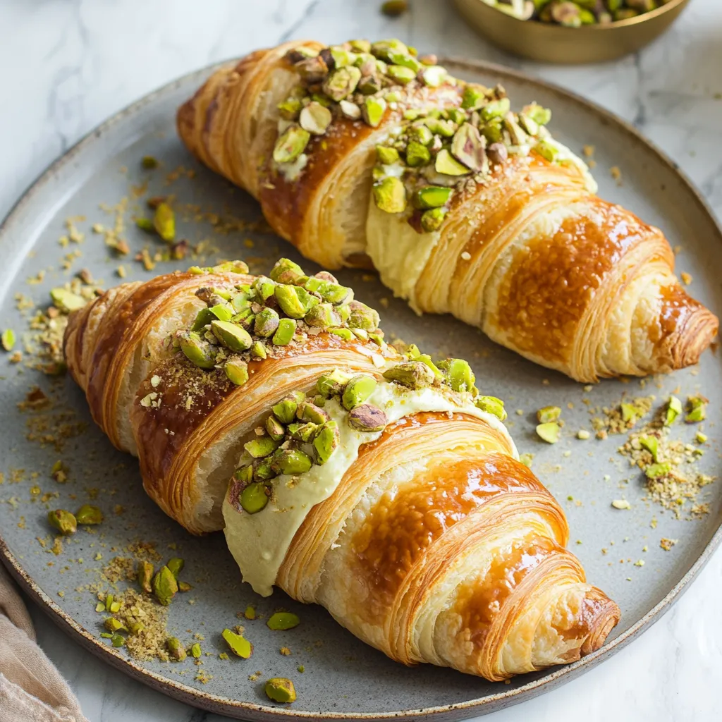 Two croissants with almonds and pistachios on a plate.