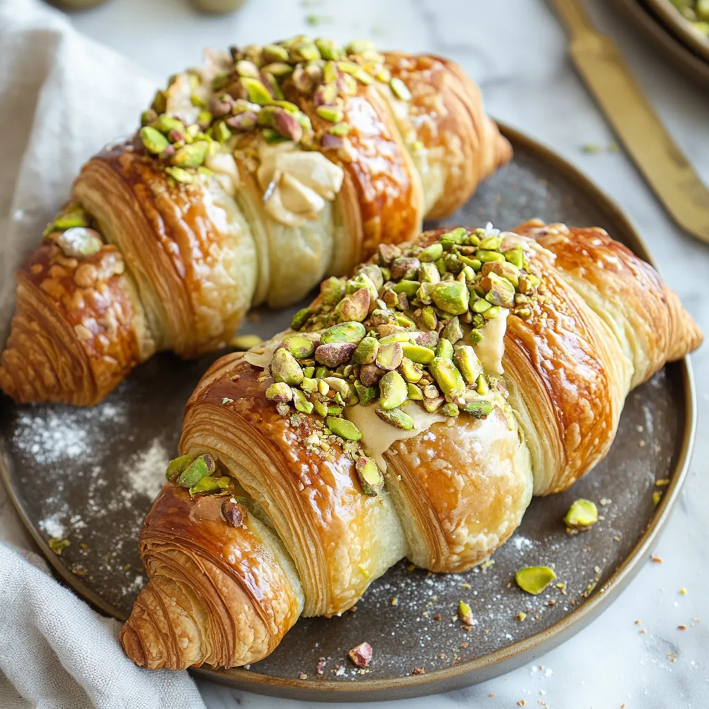 Two croissants with almonds on a plate.