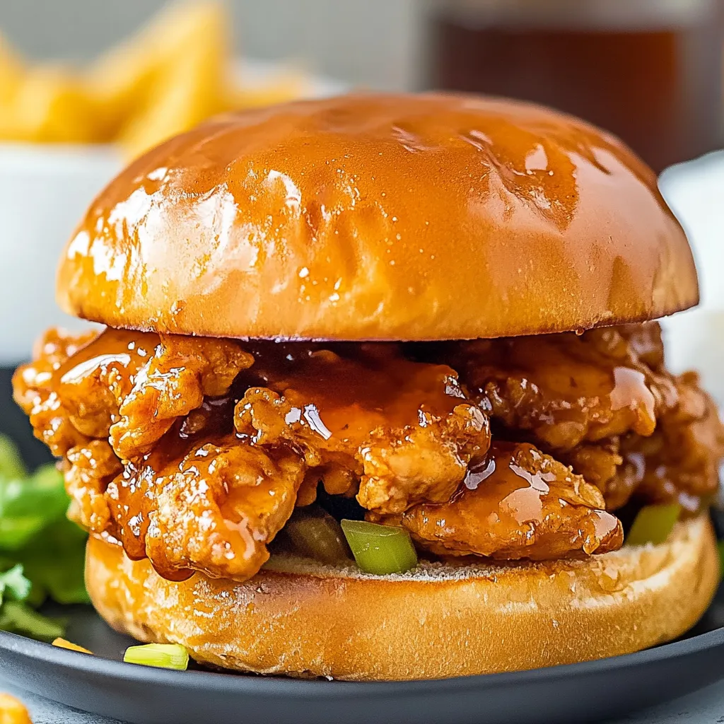 A sandwich with chicken and barbecue sauce.