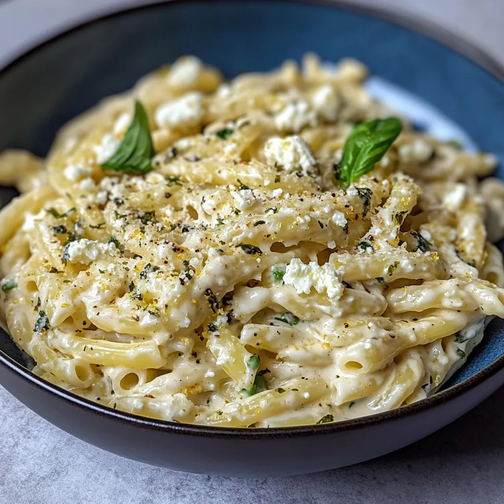 A bowl of pasta with cheese and herbs.