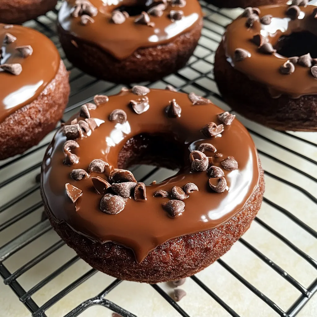 Chocolate donuts cooling on a tray.