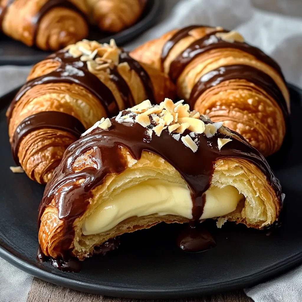 A plate of flaky croissants with chocolate drizzle.