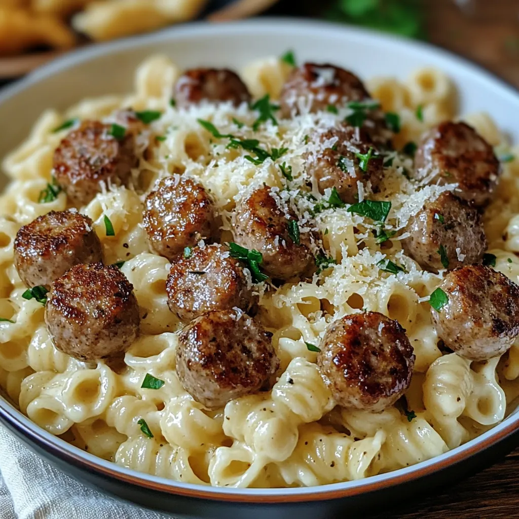 A bowl of creamy pasta with sausage and cheese chunks.