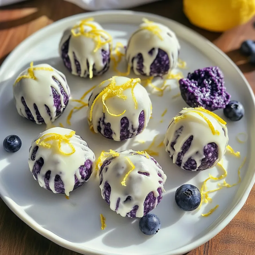 A plate of desserts with blueberries and lemon.