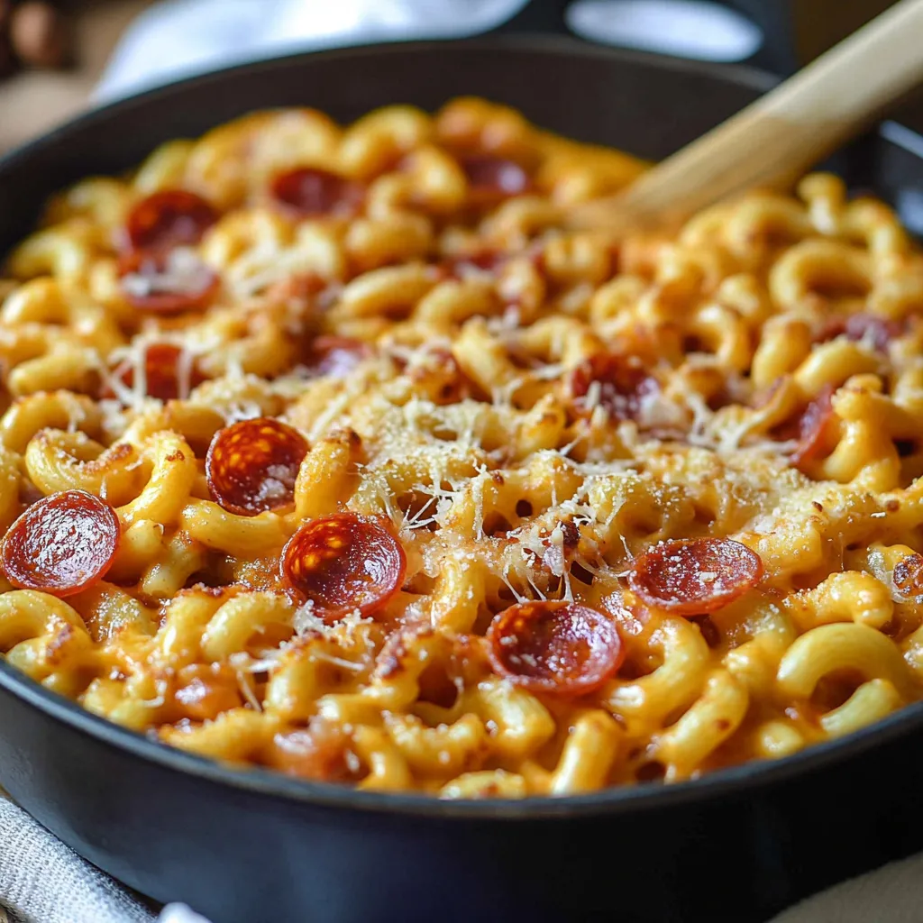 Creamy macaroni topped with pepperoni in a bowl.