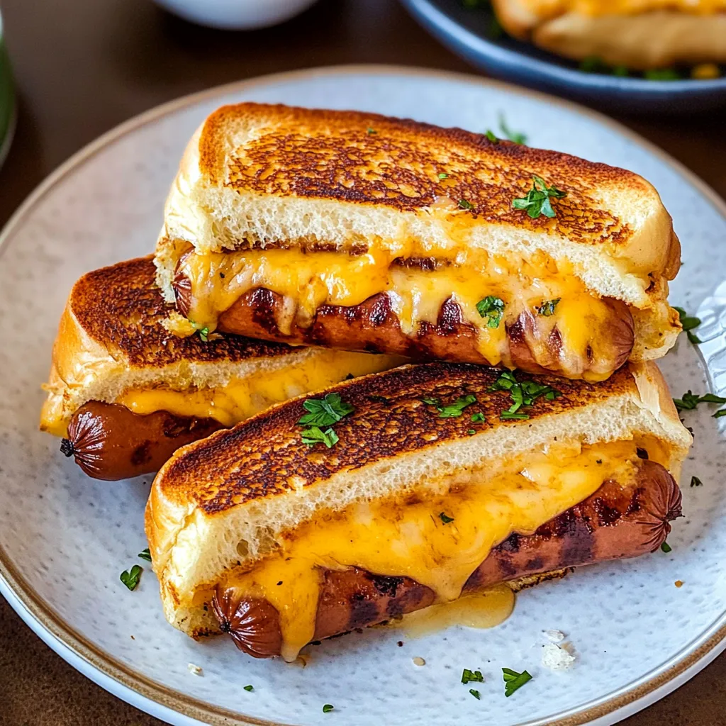 Hot dogs paired with gooey melted cheese inside toasted bread.