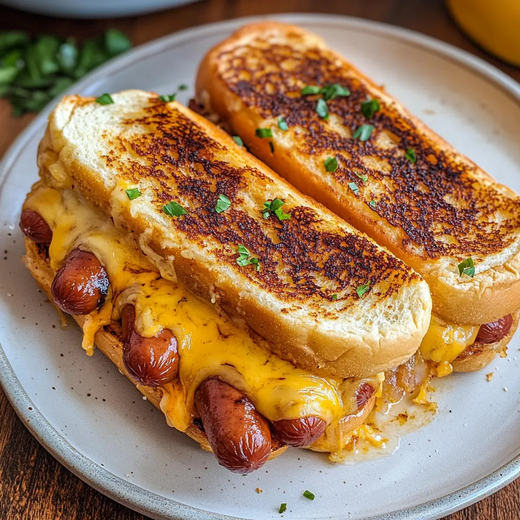 Two grilled cheese sandwiches with hot dogs in the middle.