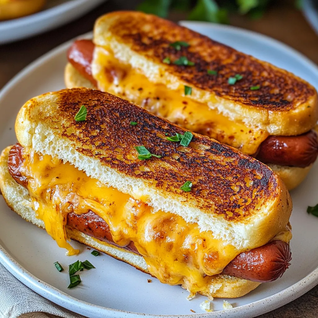 Two grilled cheese sandwiches with hot dogs in between.