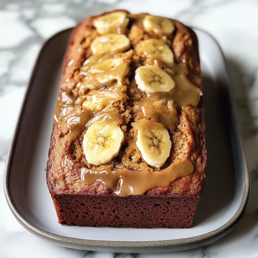A slice of banana bread with bananas on top.