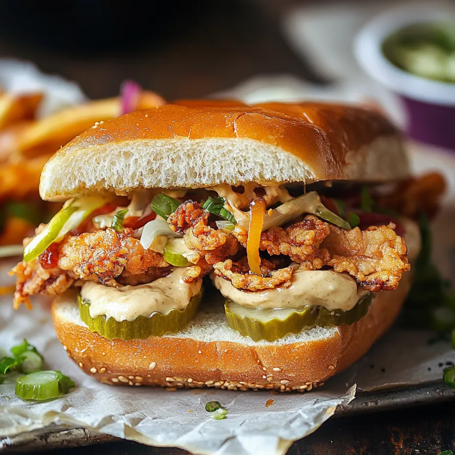 A sandwich with pickles and sauce.