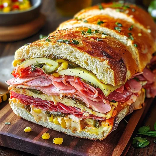 A sandwich with meat, cheese, and vegetables.