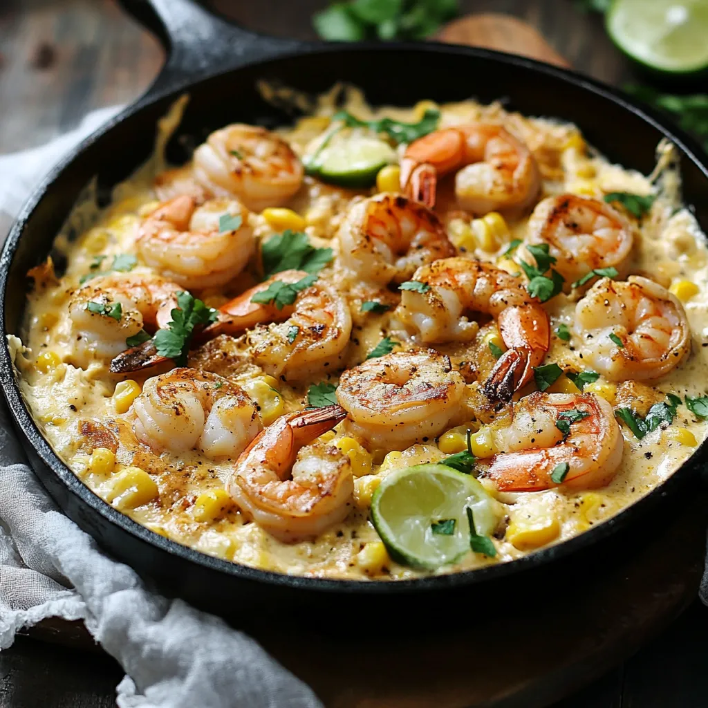 A one-pan dish with shrimp and corn.