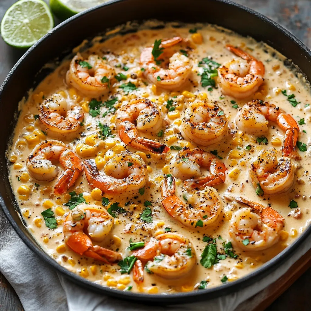 A bowl filled with shrimp in creamy corn mixture.