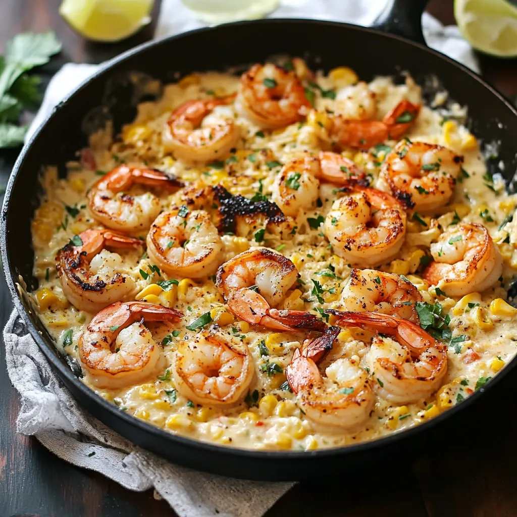 Skillet containing shrimp mixed with creamy corn.