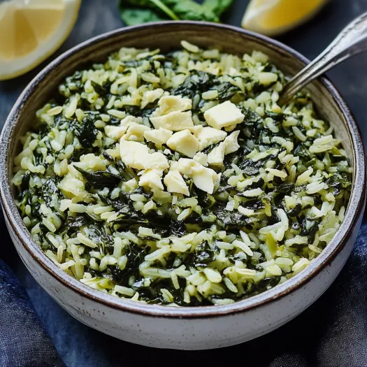 A bowl of rice with cheese and spinach.