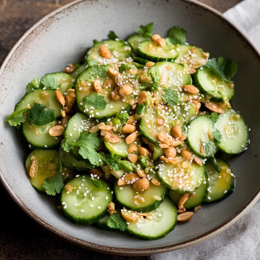A bowl of cucumber salad with nuts.