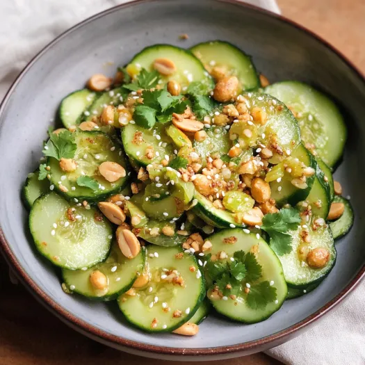 A bowl of cucumber salad with nuts.