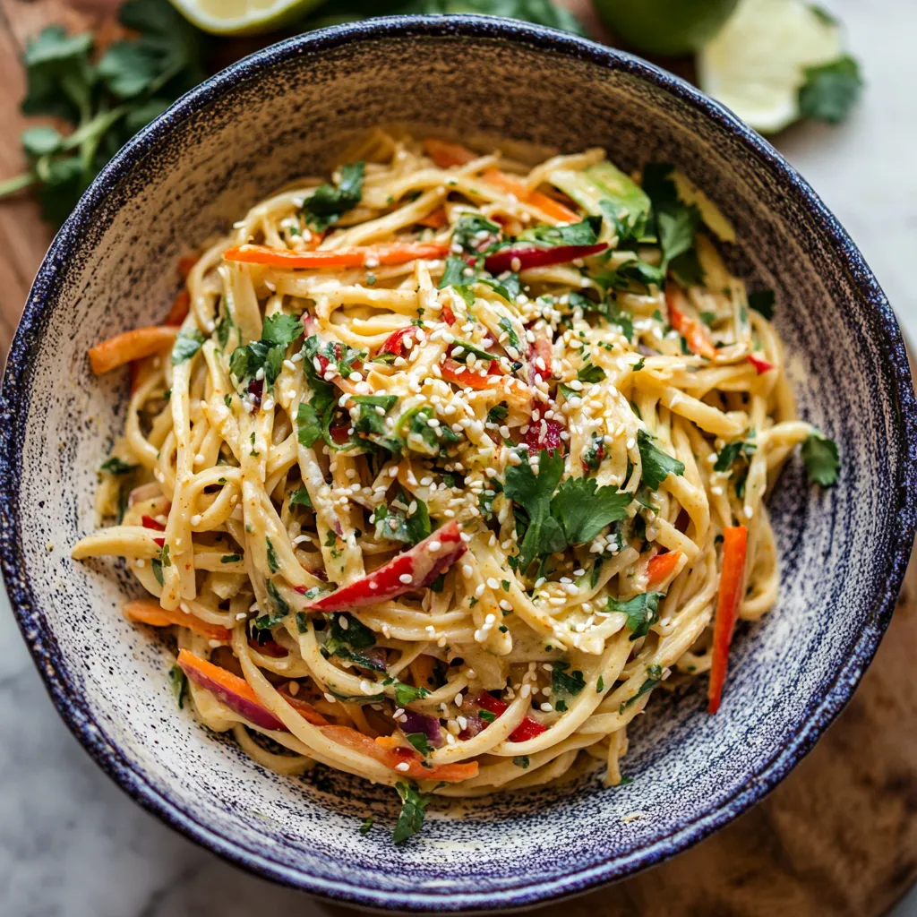 A bowl of pasta with vegetables and sauce.