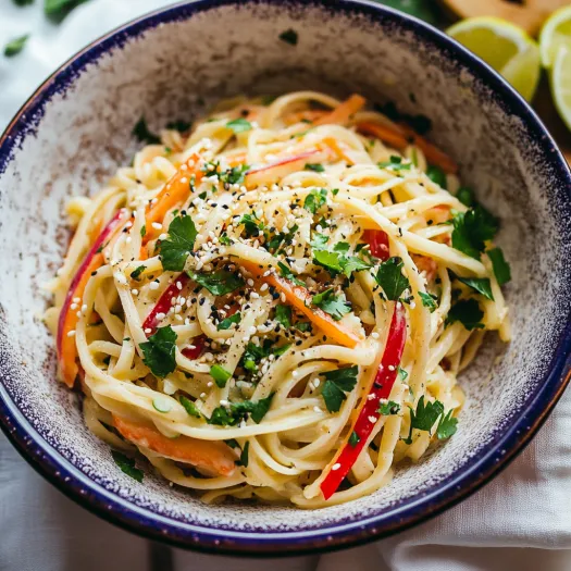 A bowl of pasta with vegetables.