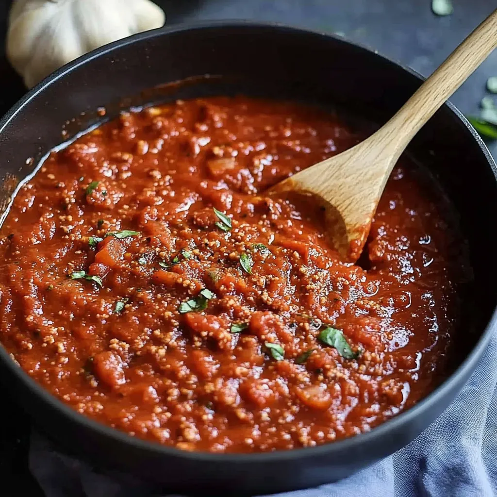 A wooden spoon in a bowl of red sauce.