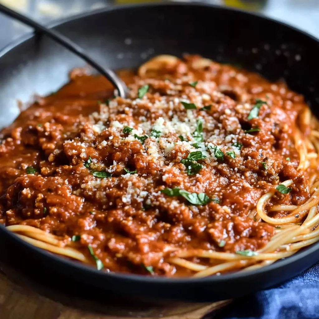 A bowl of spaghetti with meat sauce.