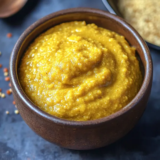 A bowl of yellow sauce.