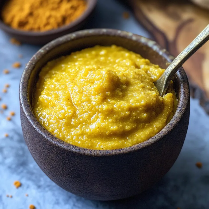 A bowl of soup with a spoon in it.