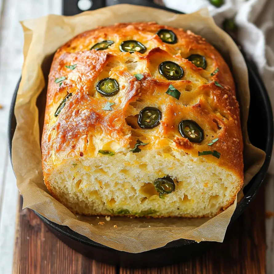 A loaf of bread with jalapenos on top.
