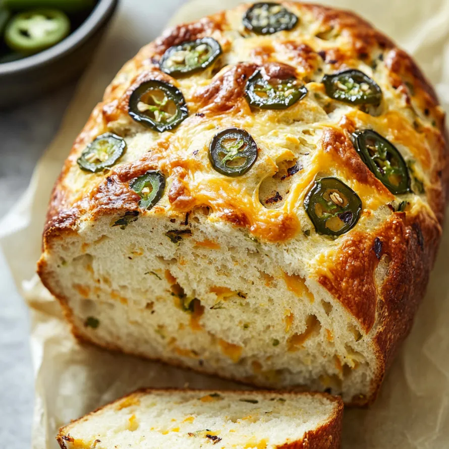 A loaf of bread with jalapenos on top.