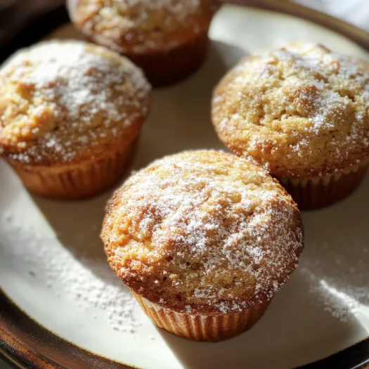 A plate of muffins with powdered sugar.