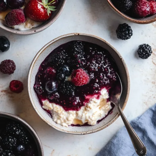 A bowl of berries and cream.