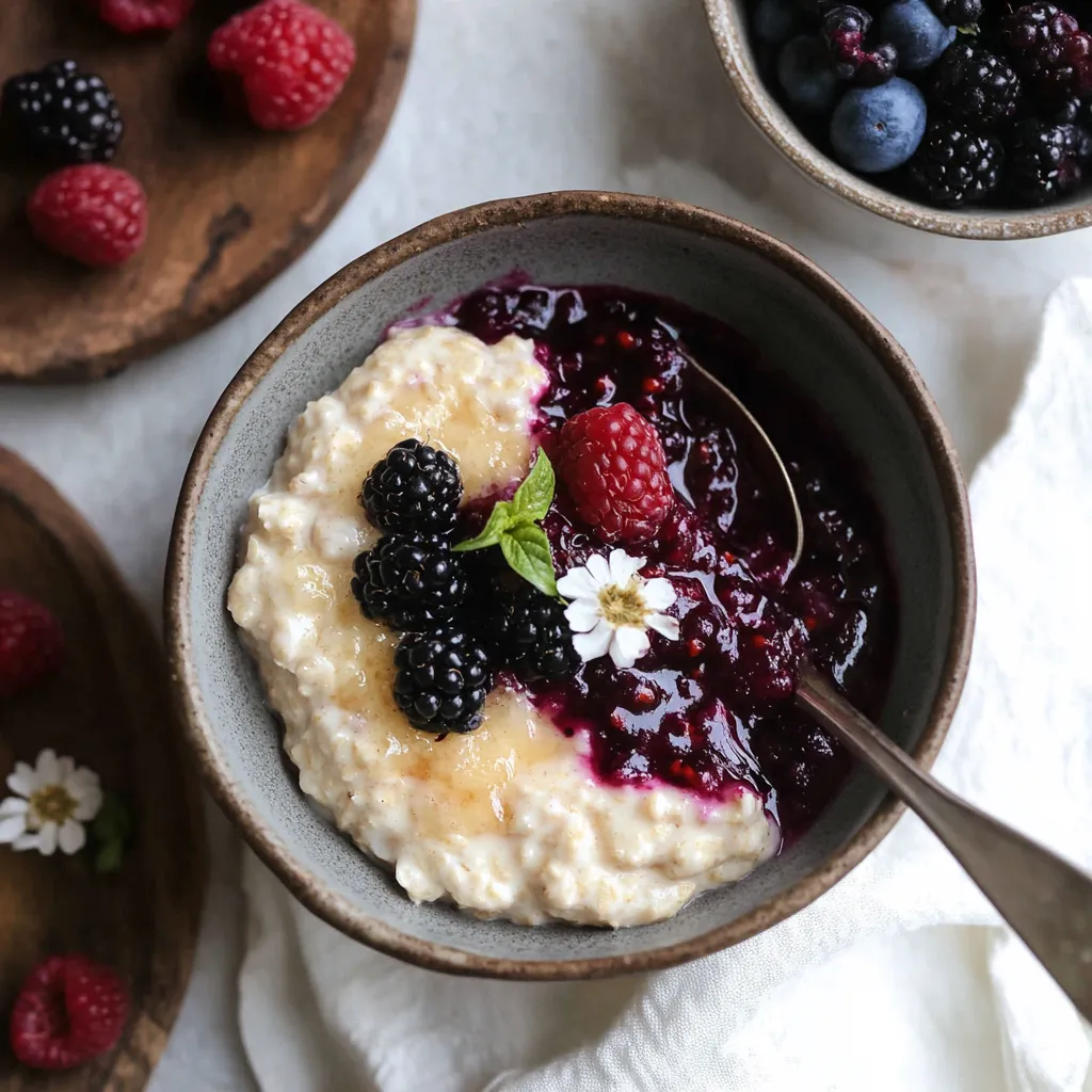 A bowl of yogurt with berries and a flower on top.