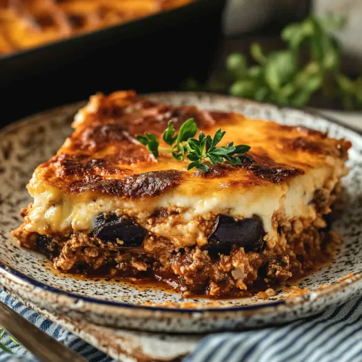 A slice of casserole with a green herb on top.