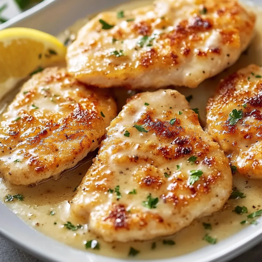 A plate of chicken with lemon wedges on top.
