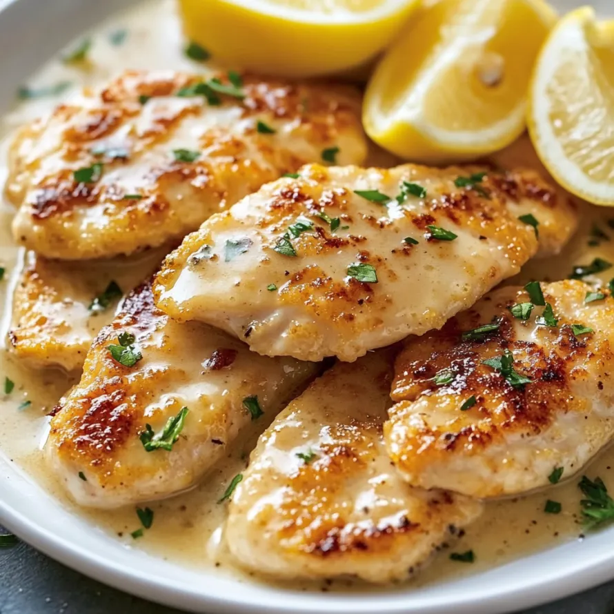 A plate of chicken with lemon wedges on the side.