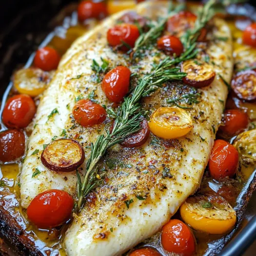 A fish with tomatoes and herbs on it.