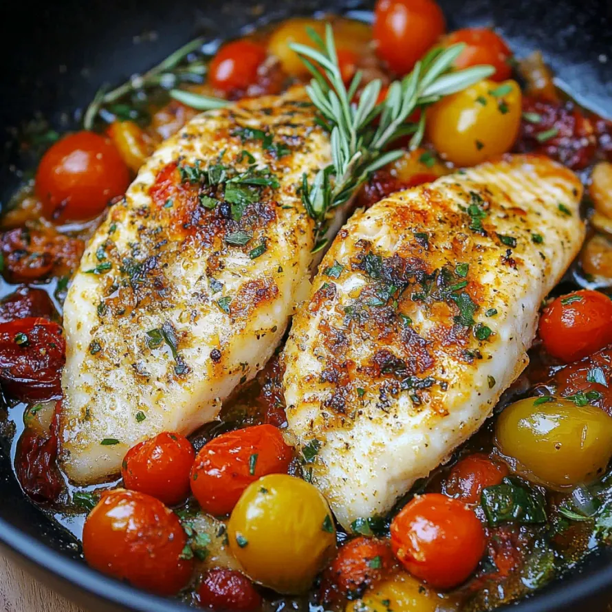 A bowl of food with tomatoes and herbs.