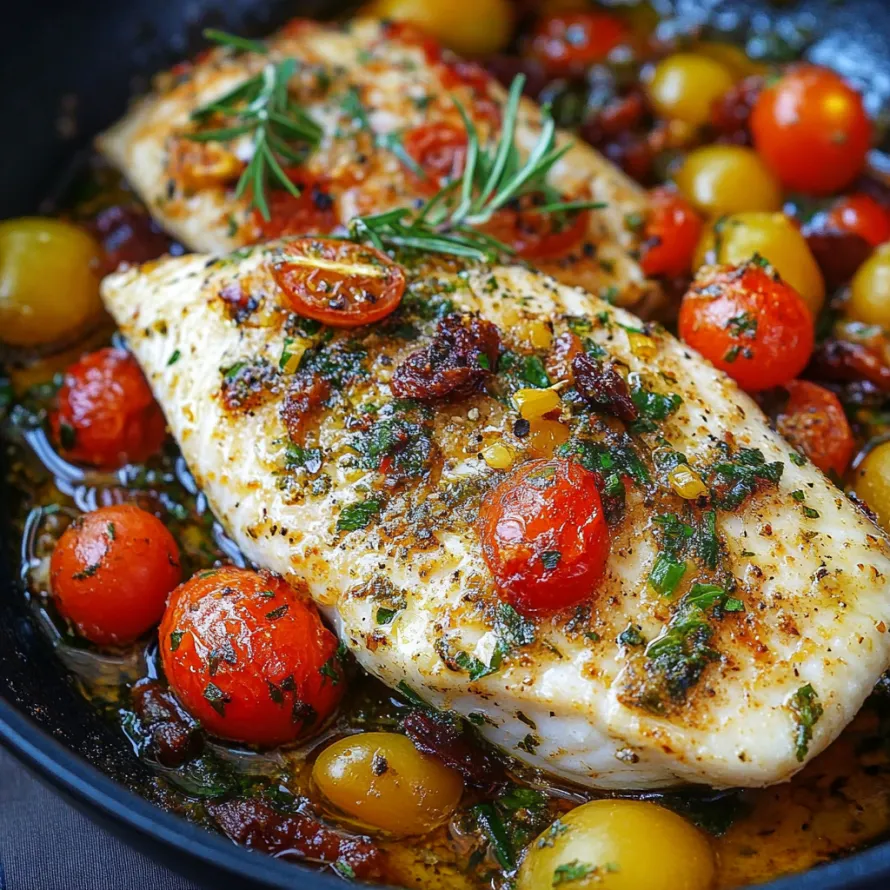 A pan of food with tomatoes, herbs, and fish.