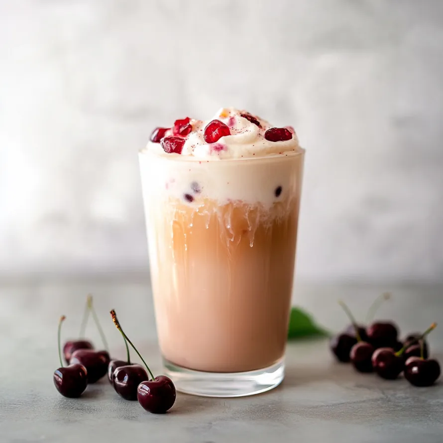 A glass of milk with cherries on top.