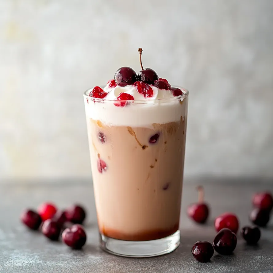 A glass of milk with cherries on top.