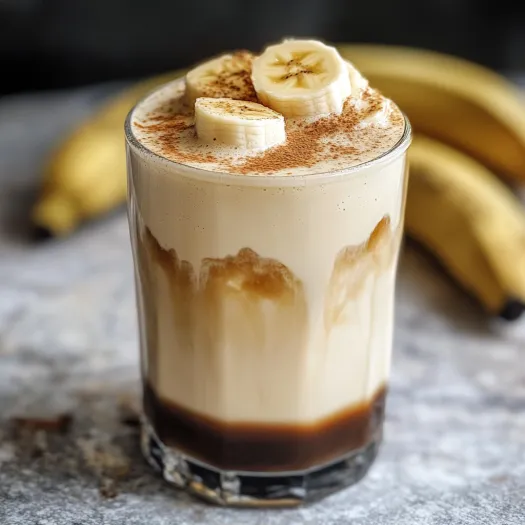 A glass of banana milk with banana slices on top.